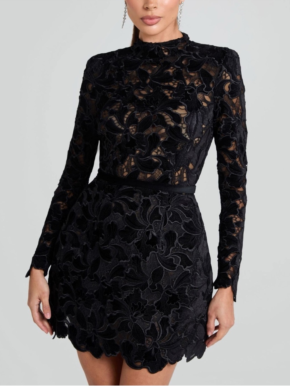 Nadine Merabi Lydia Long Sleeve Lace Overlay Cocktail Minidress in Black 2